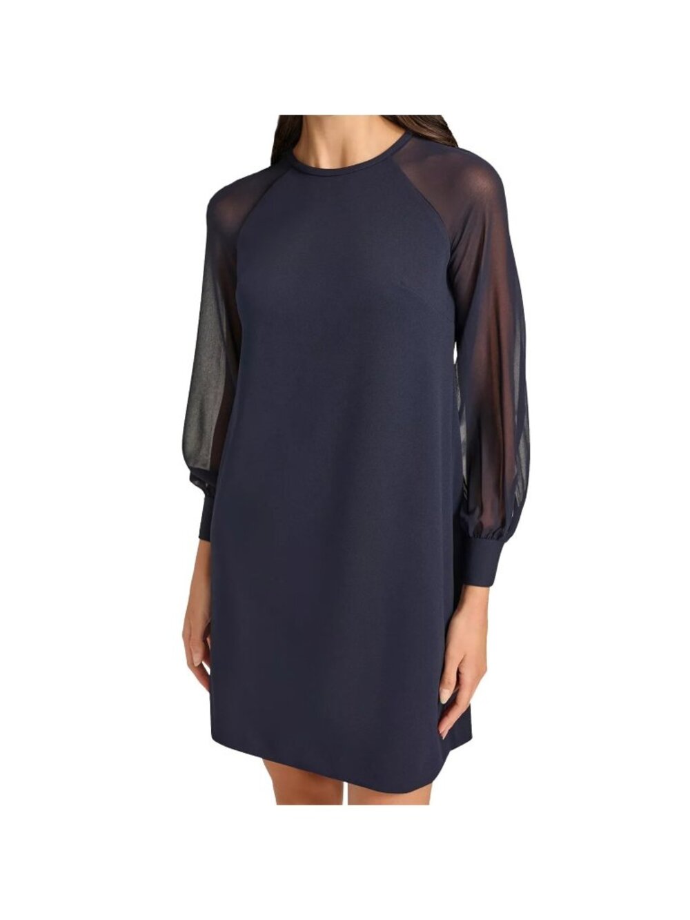 Calvin Klein Petite Sheer Sleeve Jewel-Neck Shift Dress Indigo Blue 2P NWT